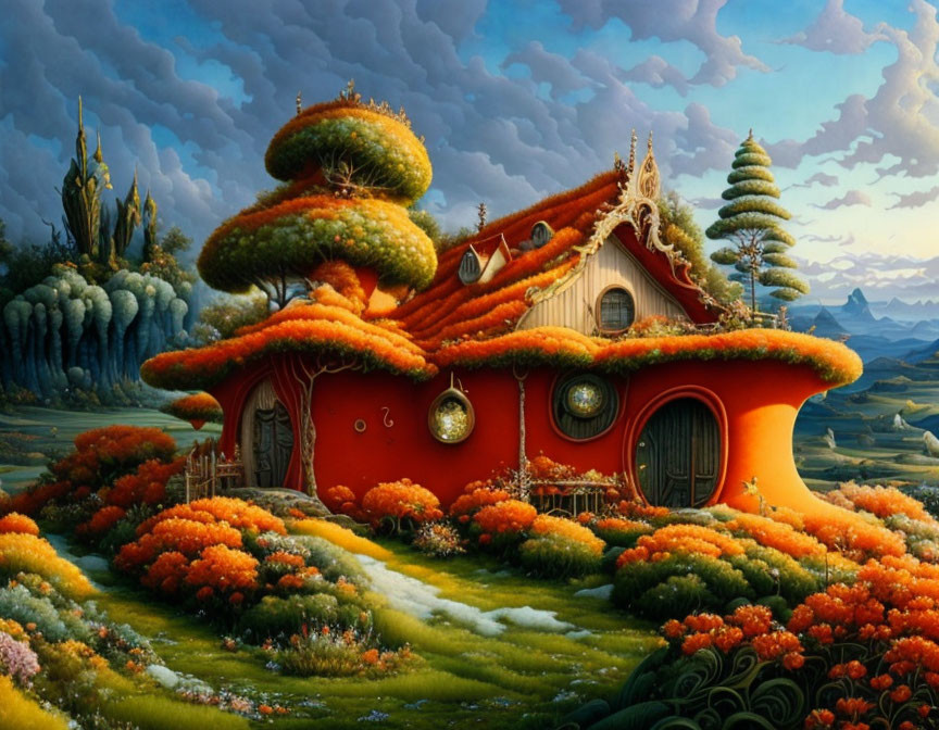 Vibrant red mushroom house in lush fantasy garden