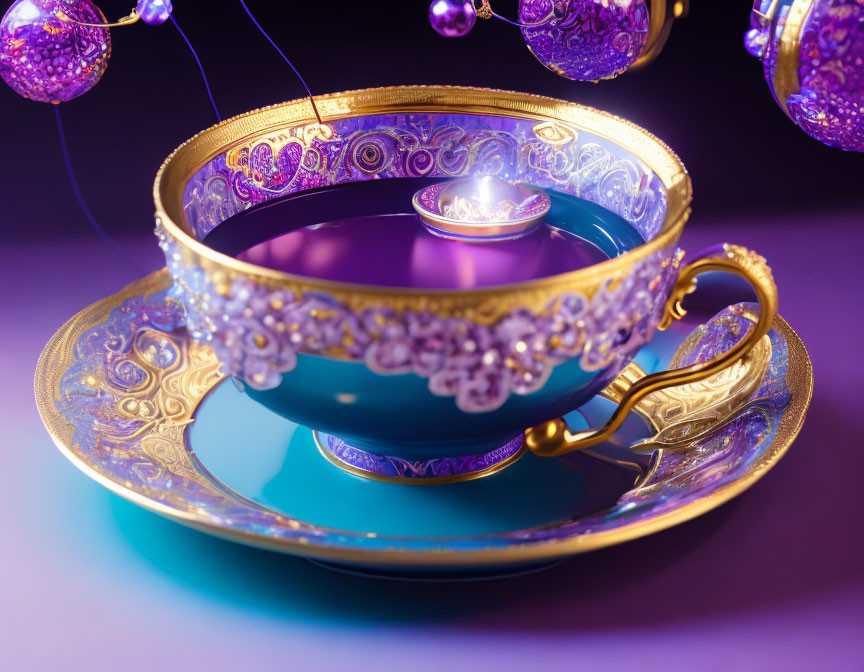 Golden-trimmed purple teacup and saucer on reflective surface against purple background