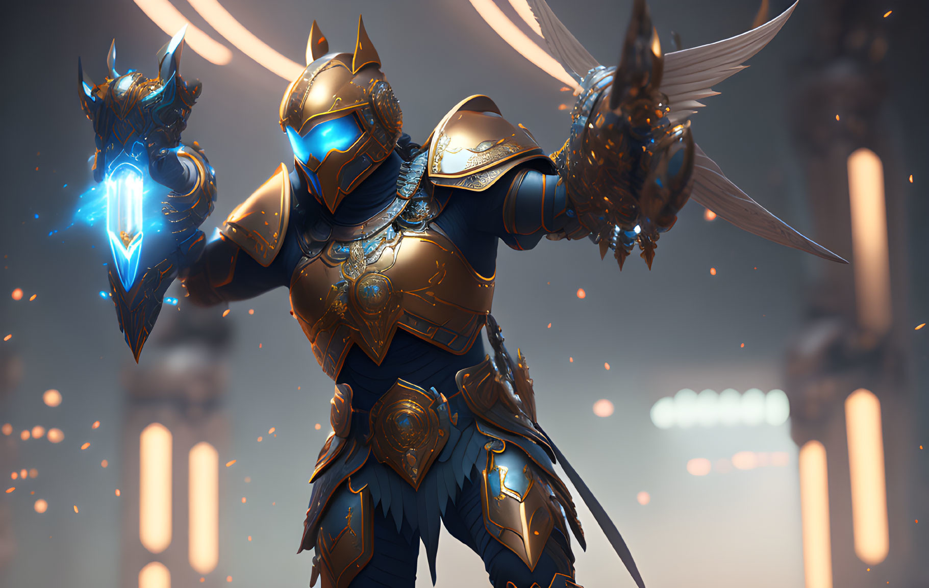 Futuristic knight in ornate armor with glowing blue accents against soft-lit backdrop