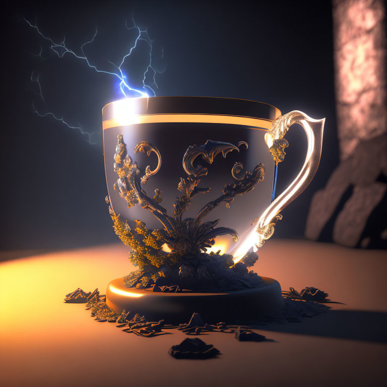 Ornate golden cup with blue lightning on leaves in warm light