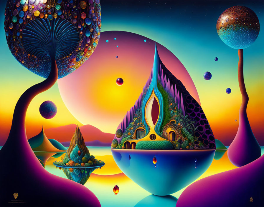 Colorful surreal landscape with floating orbs and starry sky