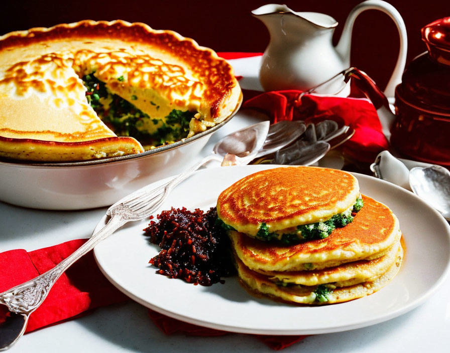 Stacked pancakes with fruit compote, pie, and pitcher on red table