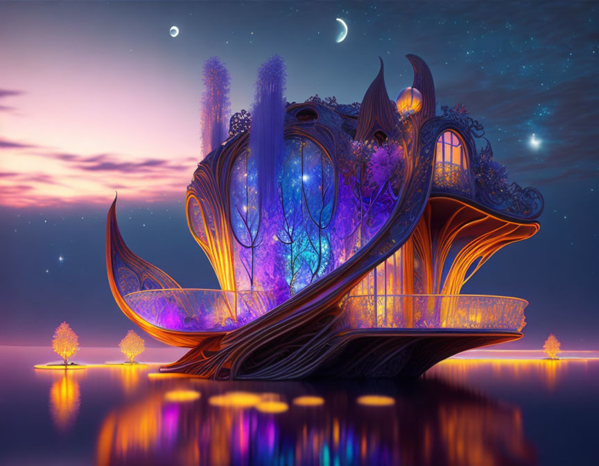 Fantastical ship with glowing purple and golden lights on calm water under twilight sky