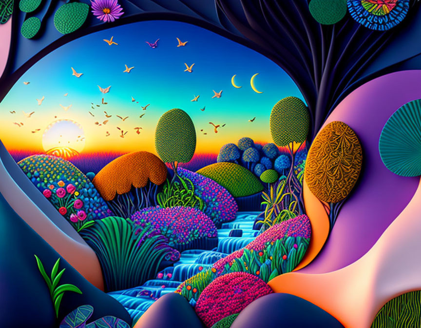 Colorful digital artwork: whimsical nature scene with trees, flowers, river, birds, moons at