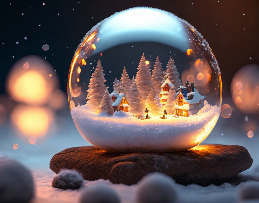 Winter village scene in snow globe with illuminated houses and snowy pine trees