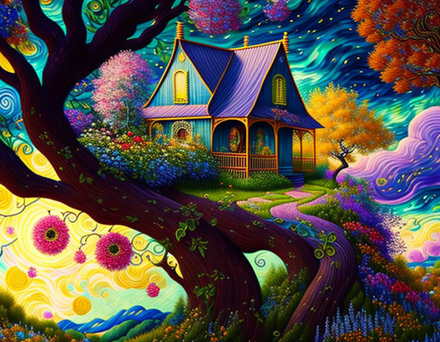 Vibrant whimsical artwork of a colorful cottage in a fantastical landscape