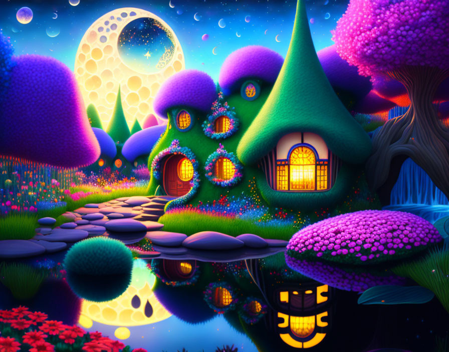 Colorful Mushroom-Shaped House in Tranquil Night Scene