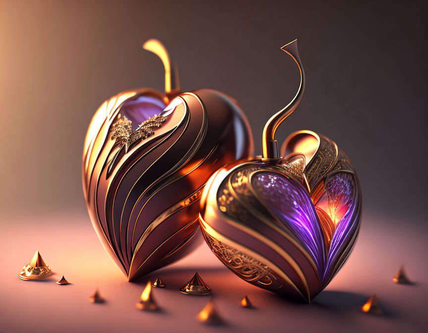 Ornate heart-shaped metallic objects with glowing purple cores on dark background