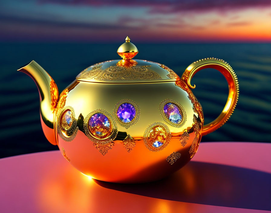 Golden teapot with embedded jewels on reflective surface by ocean sunset