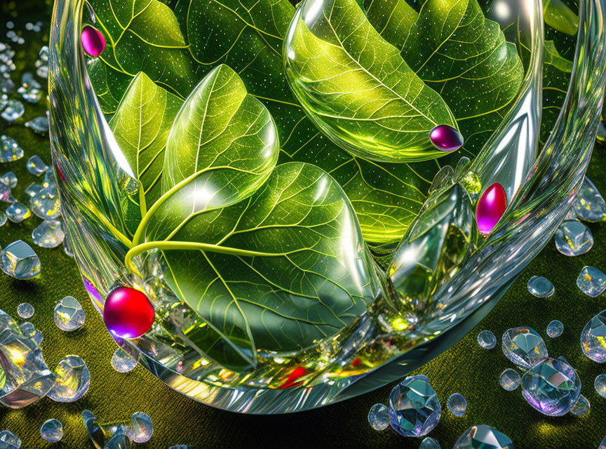 Green leaves and veins in bubble with crystals and pink droplets on textured surface