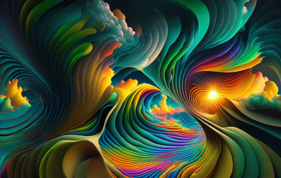 Colorful Abstract Artwork with Swirling Patterns and Sun-Like Glow