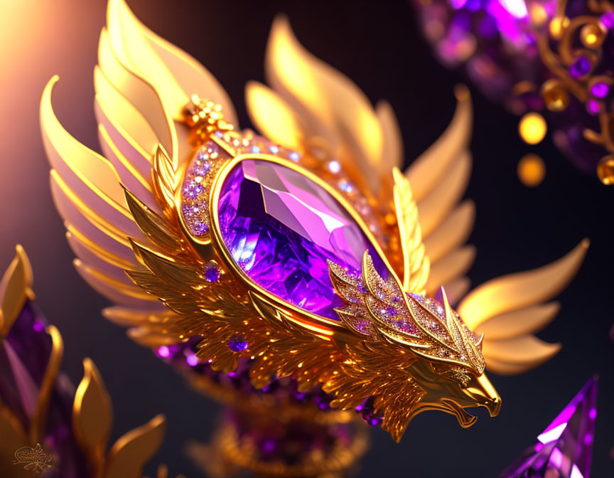 Golden Jewelry Piece with Purple Gemstone Resembling Mythical Bird