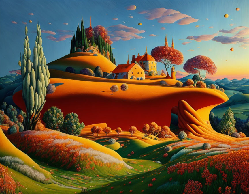 Surreal landscape with orange hills, village, oversized plants, and floating orbs