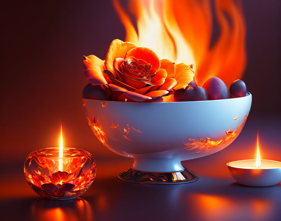 Bright Orange Flower and Candles in White Bowl