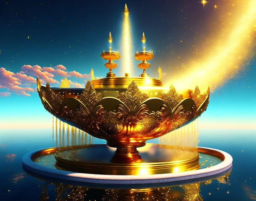 Golden ornate lamp shining against twilight sky with stars and clouds on circular platform