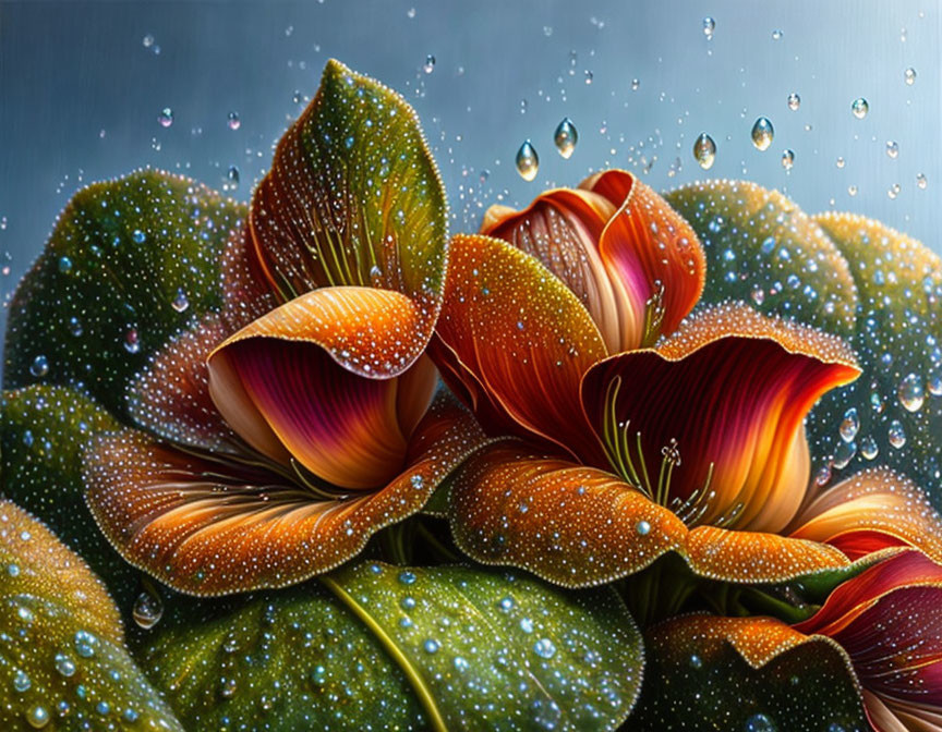 Colorful dew-kissed flowers with orange and crimson petals on green leaves and cascading droplets