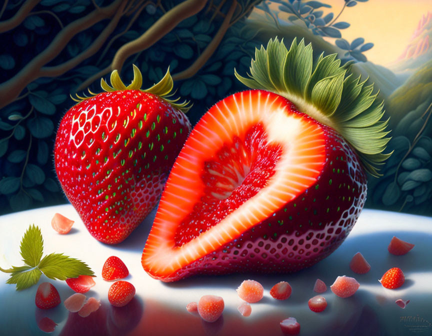 Detailed painting of ripe strawberries with one cut in half on reflective surface