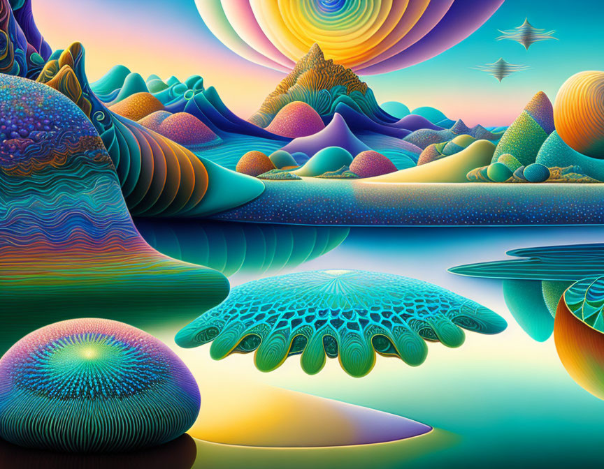 Colorful Psychedelic Landscape with Patterned Hills and Luminous Sky