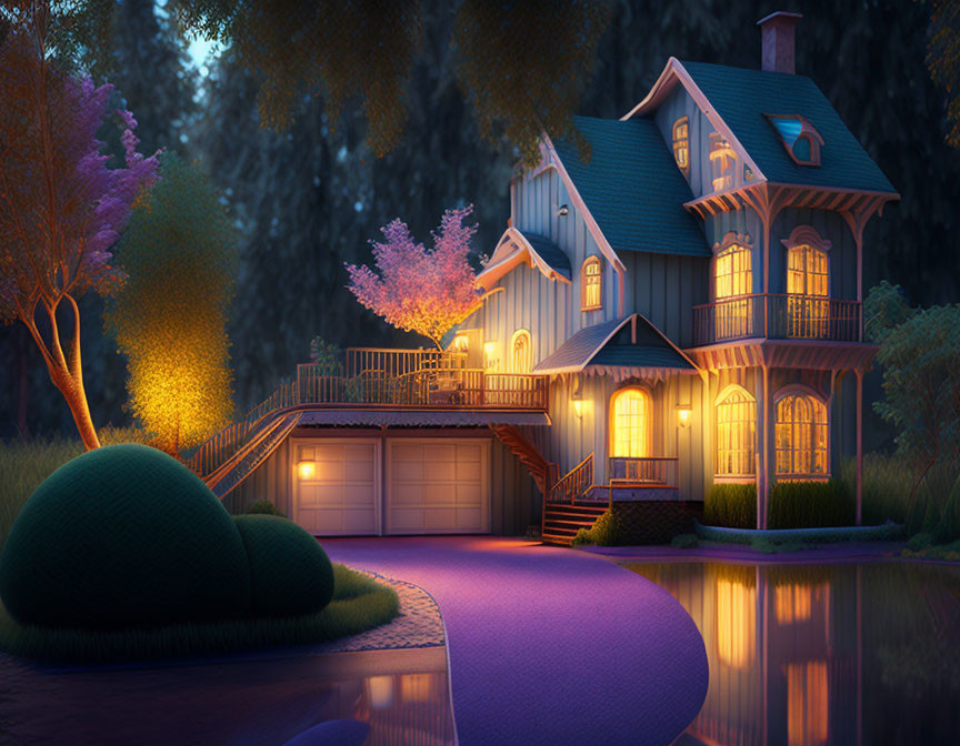 Charming two-story illuminated house at dusk with pond and trees