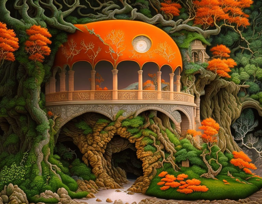 Fantastical landscape with ornate terraces under orange moon