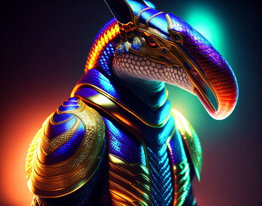 Vibrant digital artwork of stylized avian character with neon colors