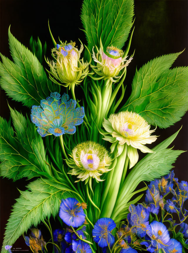 Blue and Yellow Flower Bouquet with Green Leaves and Intricate Details