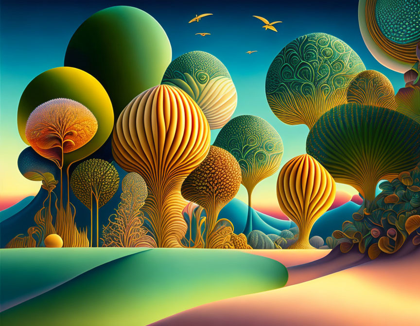 Colorful Stylized Landscape with Trees, Hills, Sky, and Birds