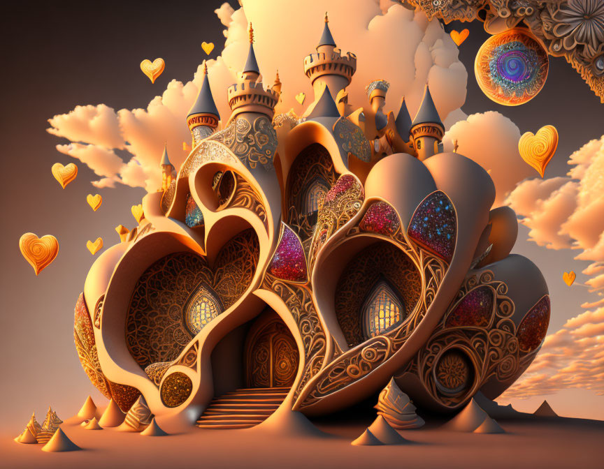 Fantasy castle with heart-shaped architecture in warm sunset scene