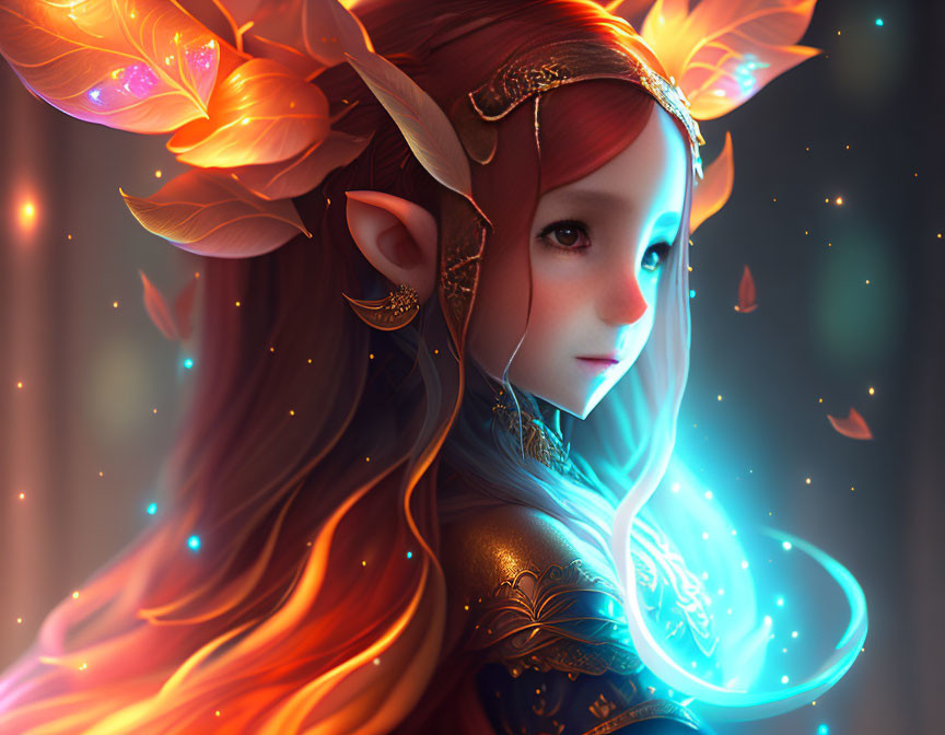 Fantasy character with pointed ears and glowing orange leaves in hair