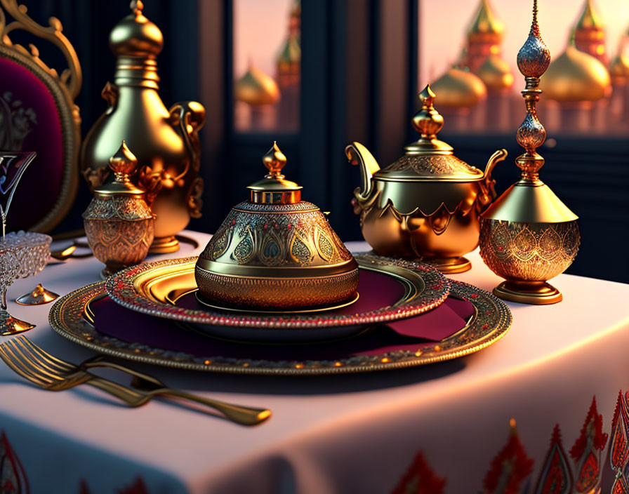 Opulent table setting with golden dinnerware against silhouetted minarets