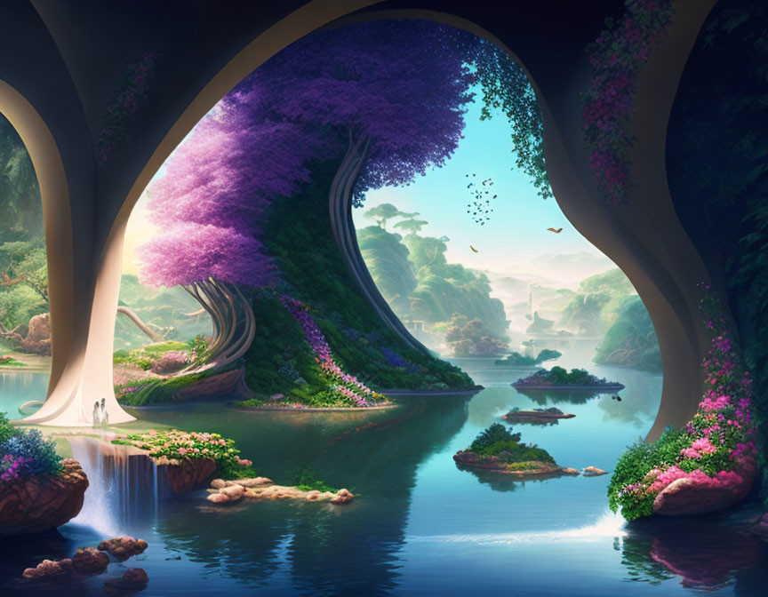 Tranquil fantasy landscape with purple foliage, arched trees, river, flora, and waterfall