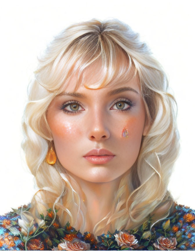 Blonde Woman Portrait with Hazel Eyes and Floral Attire