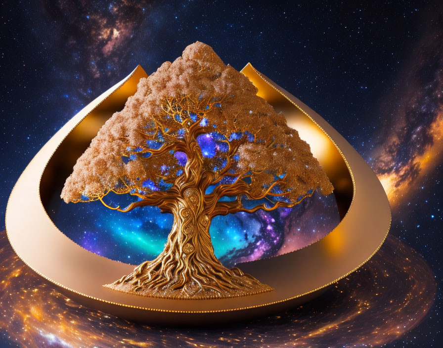 Golden tree in surreal cosmic loop structure under starry sky