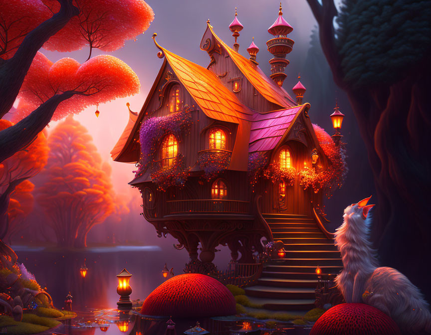 Fantasy house with glowing lanterns in autumnal setting by tranquil lake