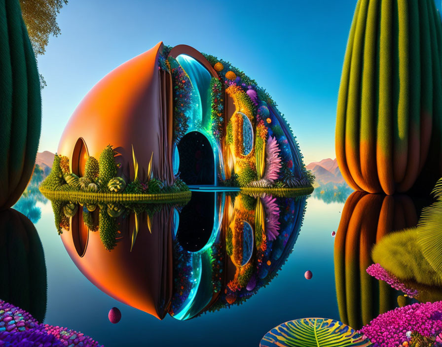 Colorful surreal landscape with mirrored sphere, lush vegetation, and calm lake