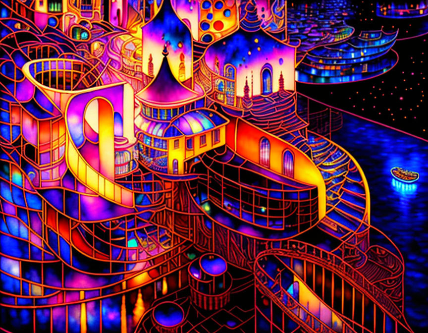 Colorful psychedelic cityscape with swirling architecture and starry sky
