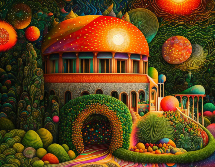 Colorful surreal painting of dome-shaped building in fantastical landscape