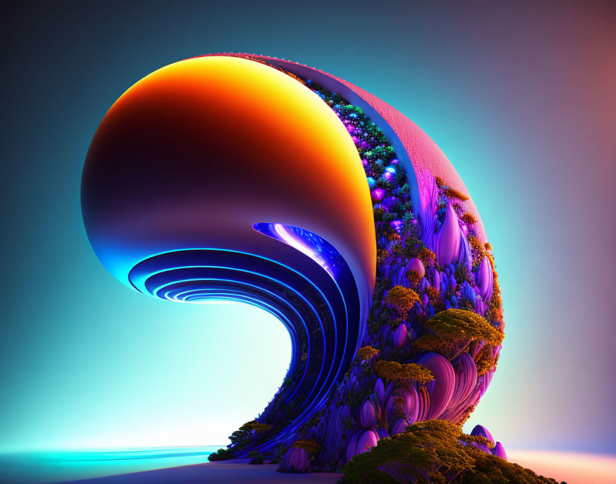 Vibrant digital artwork: surreal wave with tree-like features