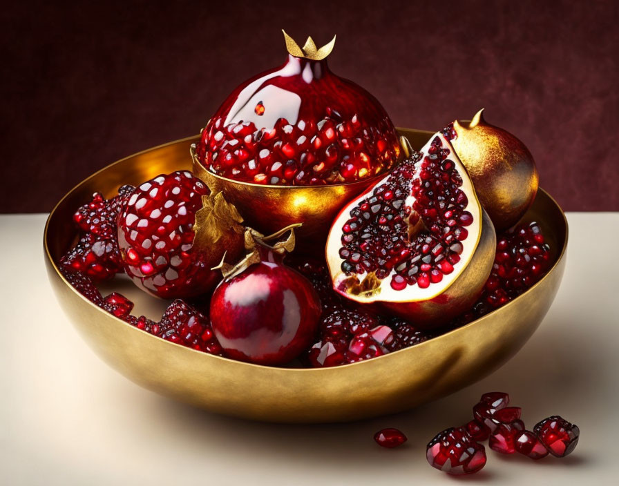 Golden bowl with whole and cut pomegranates spilling seeds on maroon background