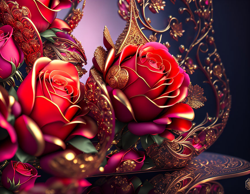 Red roses with gold filigree on purple background.