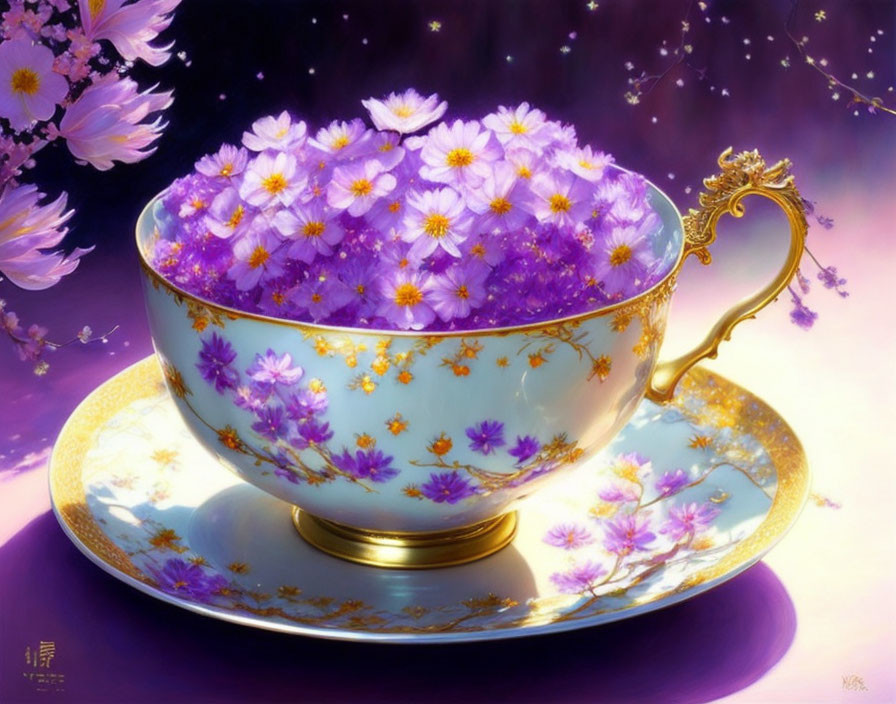 Porcelain cup with purple flowers and gold accents on saucer against light and blooms