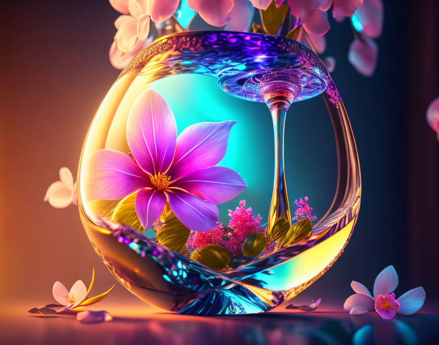 Colorful digital artwork: Glass container with flower, whirlpool, petals, butterflies