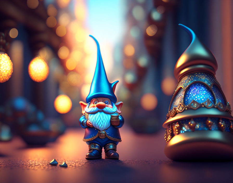 Blue gnome figurine on cobblestone with fallen lamp and bokeh lights