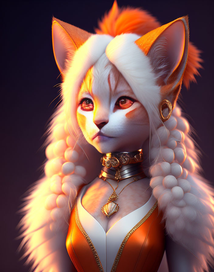 Orange Anthropomorphic Feline Creature with Amber Eyes and Gold Collar