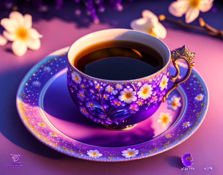 Purple Floral Patterned Cup and Saucer with Coffee on Violet Background