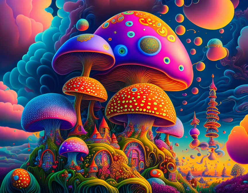 Colorful psychedelic mushrooms in whimsical landscape