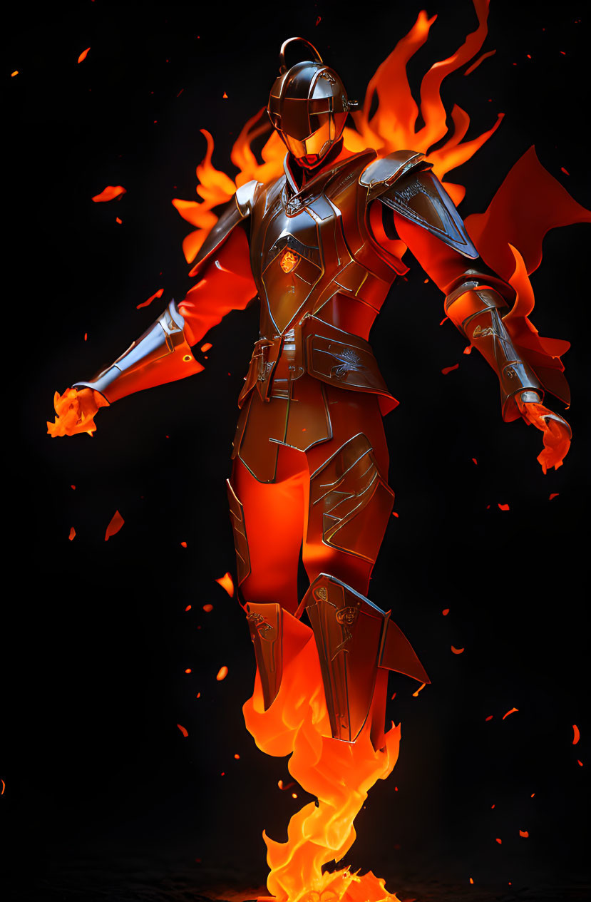 Knight in Glowing Fiery Armor with Flames and Dark Background