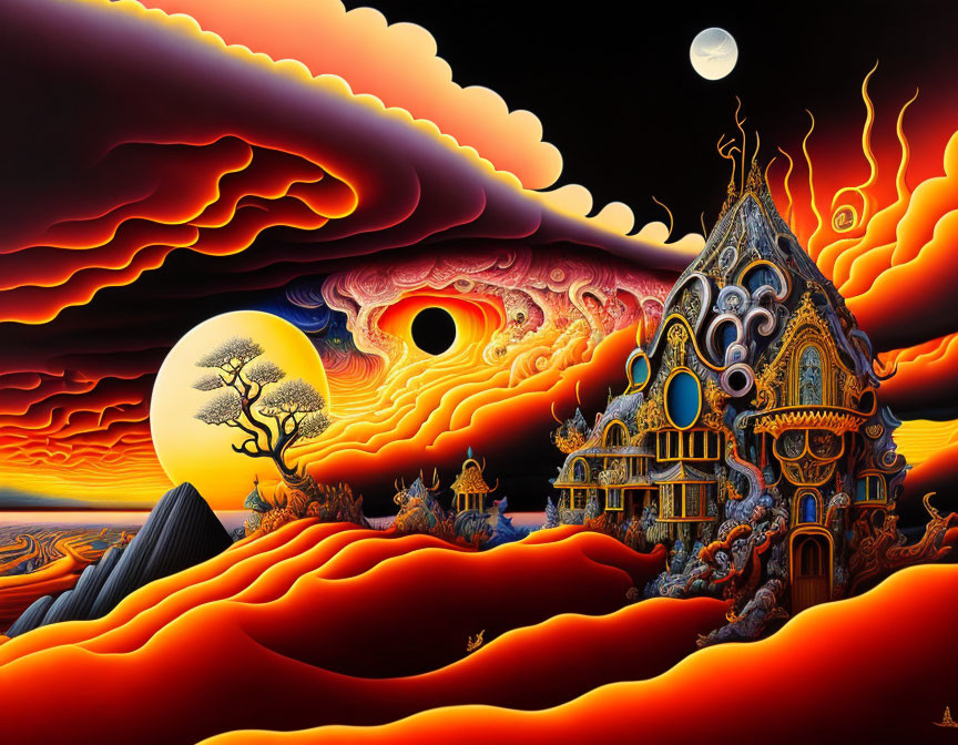 Vibrant surreal artwork: house in orange landscapes with stylized sun, moon, and flowing clouds