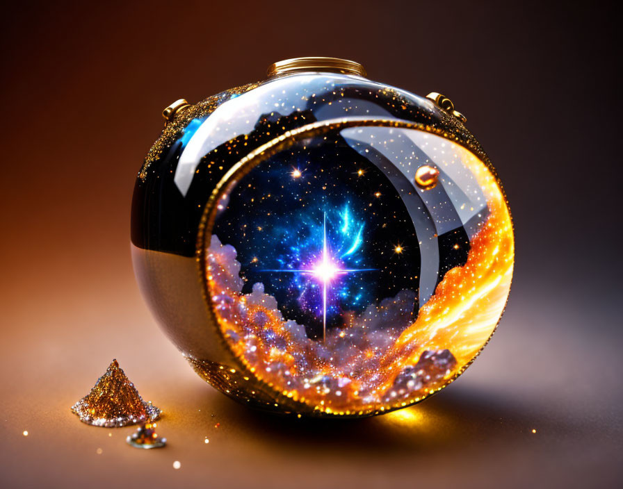 Cosmic-themed spherical clutch with galaxy design and golden accents