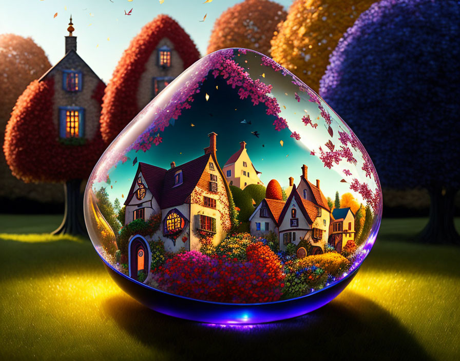 Translucent bubble with quaint houses and vibrant flora under sunset-lit sky